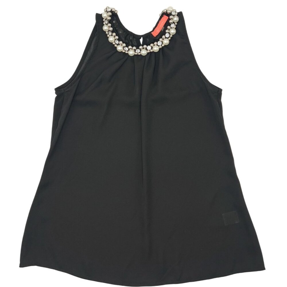Lulumari Size S Woman Black Sleeveless Top With Pearl & Rhinestone Neckline